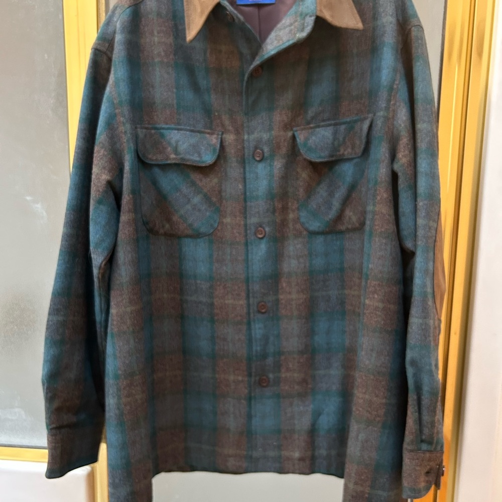 Pendleton Men's Plaid Shirt Jacket in Teal and Brown. Fully lined